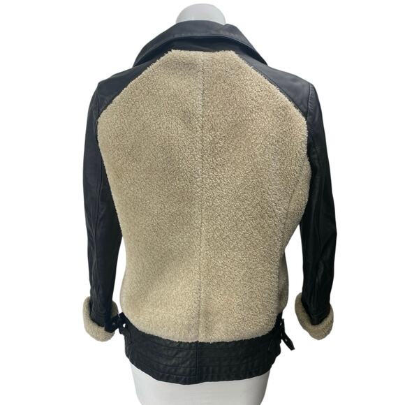Slate & Willow Aviator Beige Black 100% Leather Sherpa Zip Up Moto Coat Jacket S - Picture 2 of 6
